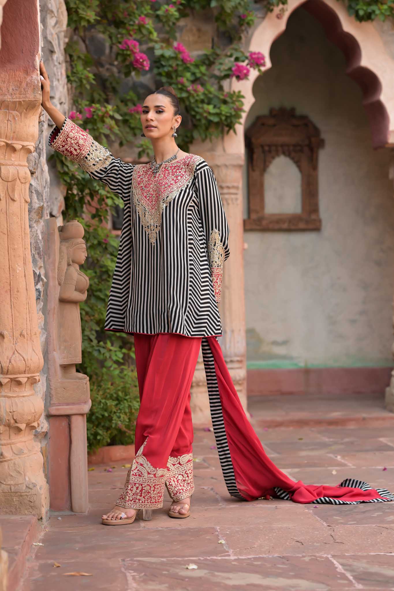Meher | Black & White Striped Kurta with Red Embroidered Palazzo & Dupatta Set