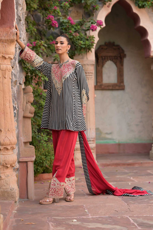 Meher | Black & White Striped Kurta with Red Embroidered Palazzo & Dupatta Set