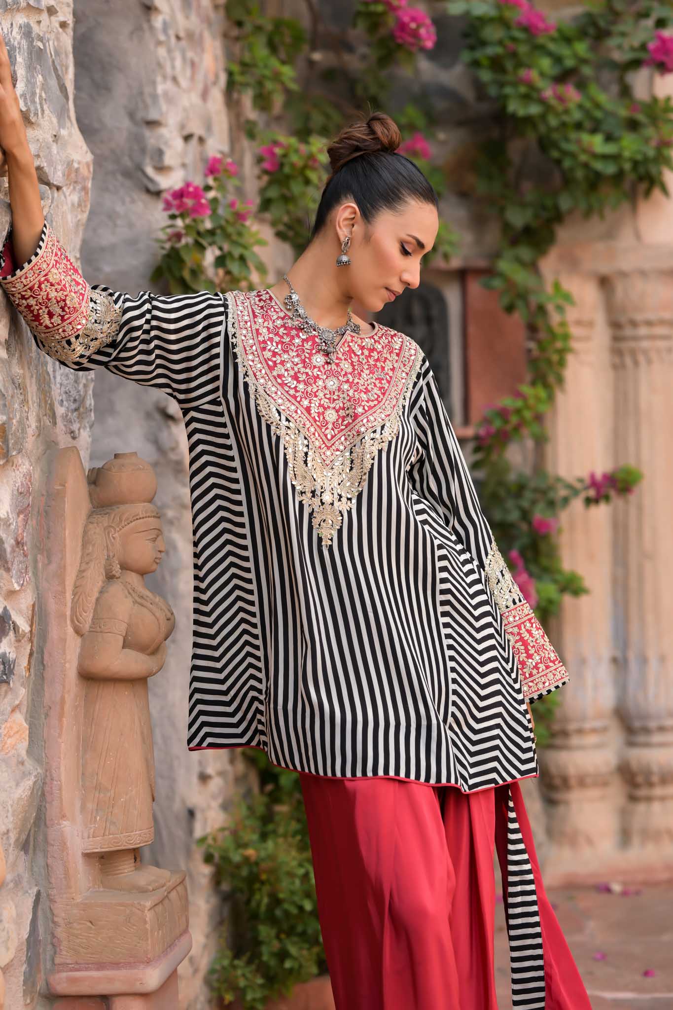 Meher | Black & White Striped Kurta with Red Embroidered Palazzo & Dupatta Set