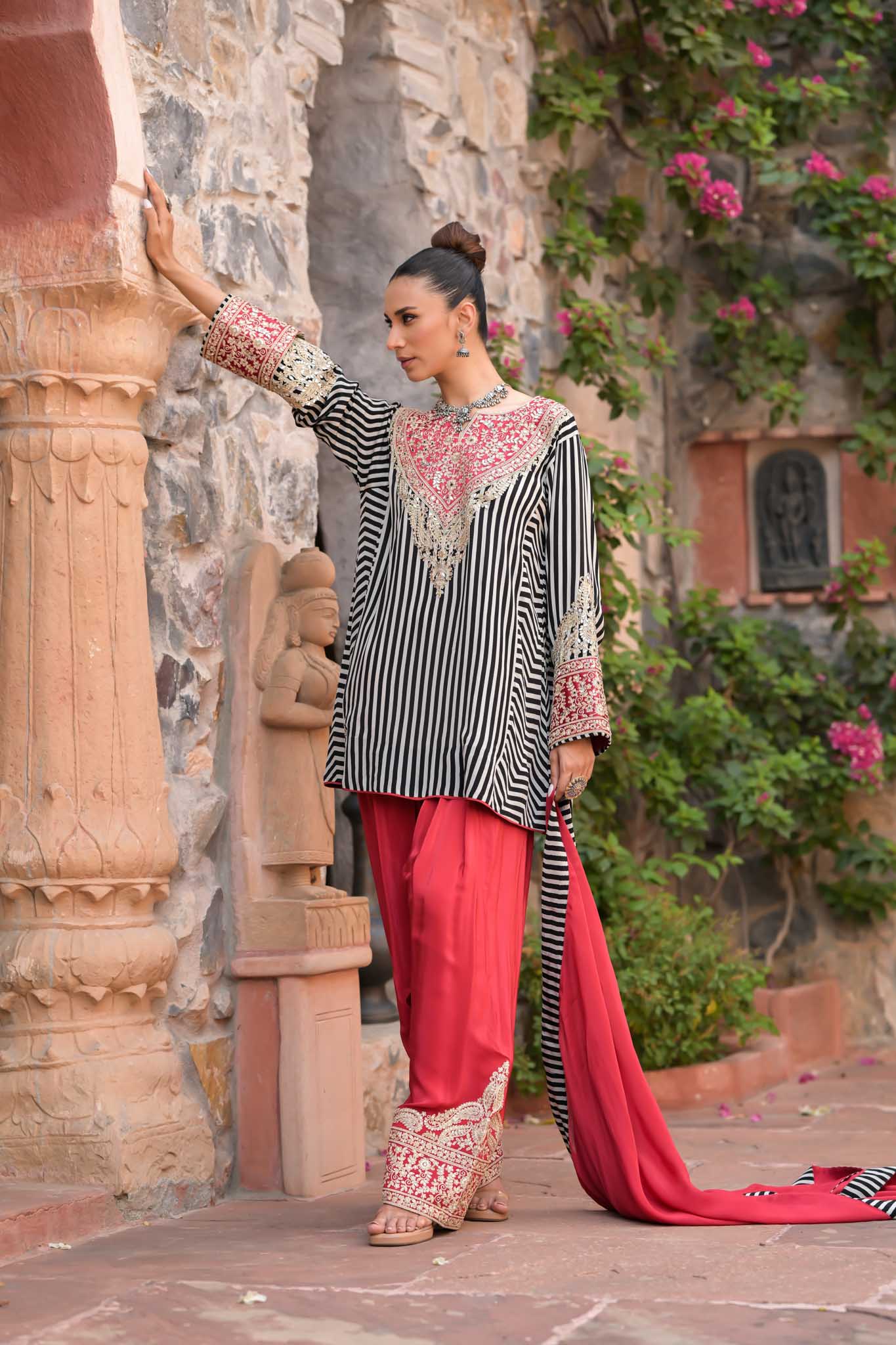 Meher | Black & White Striped Kurta with Red Embroidered Palazzo & Dupatta Set
