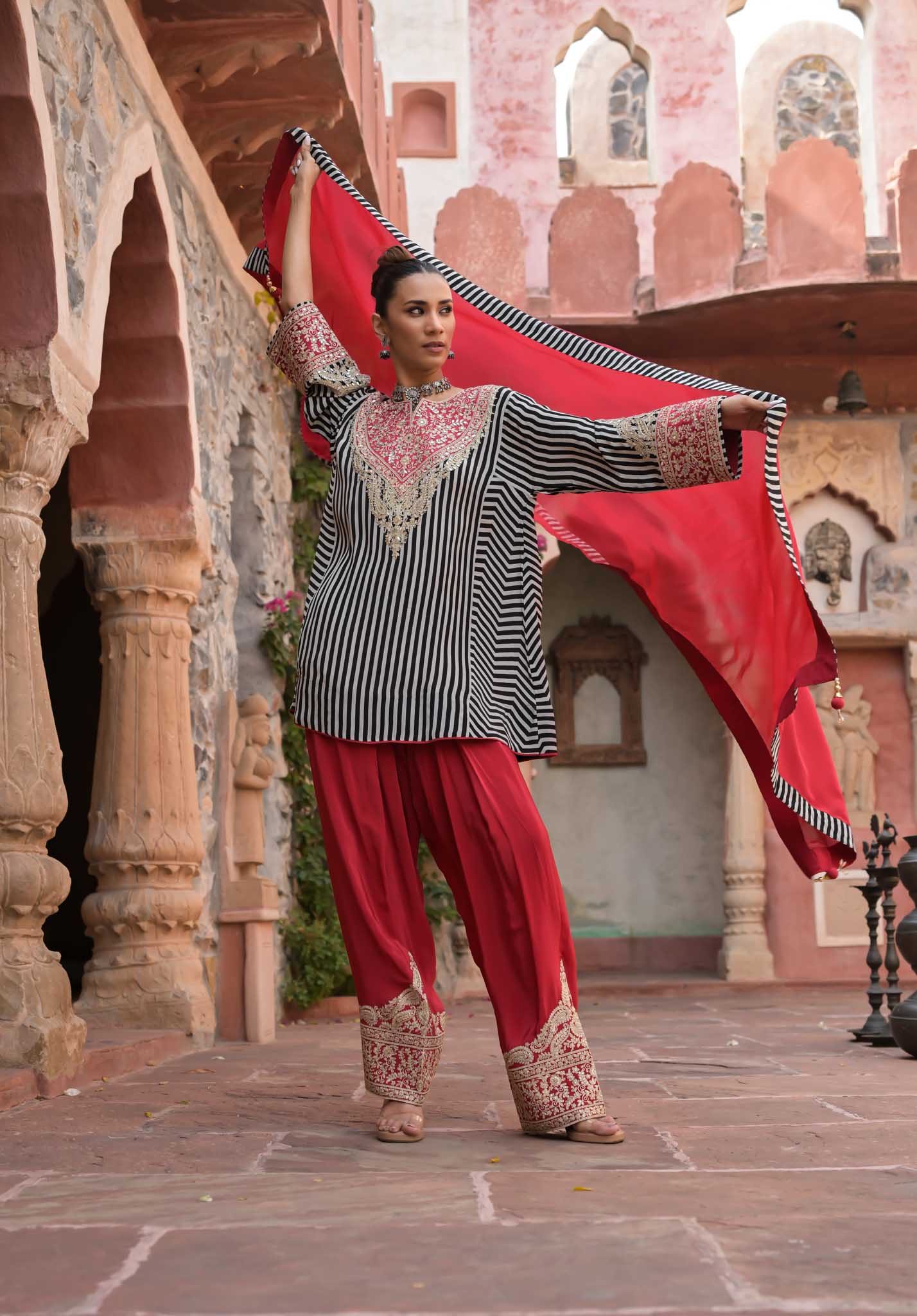 Meher | Black & White Striped Kurta with Red Embroidered Palazzo & Dupatta Set