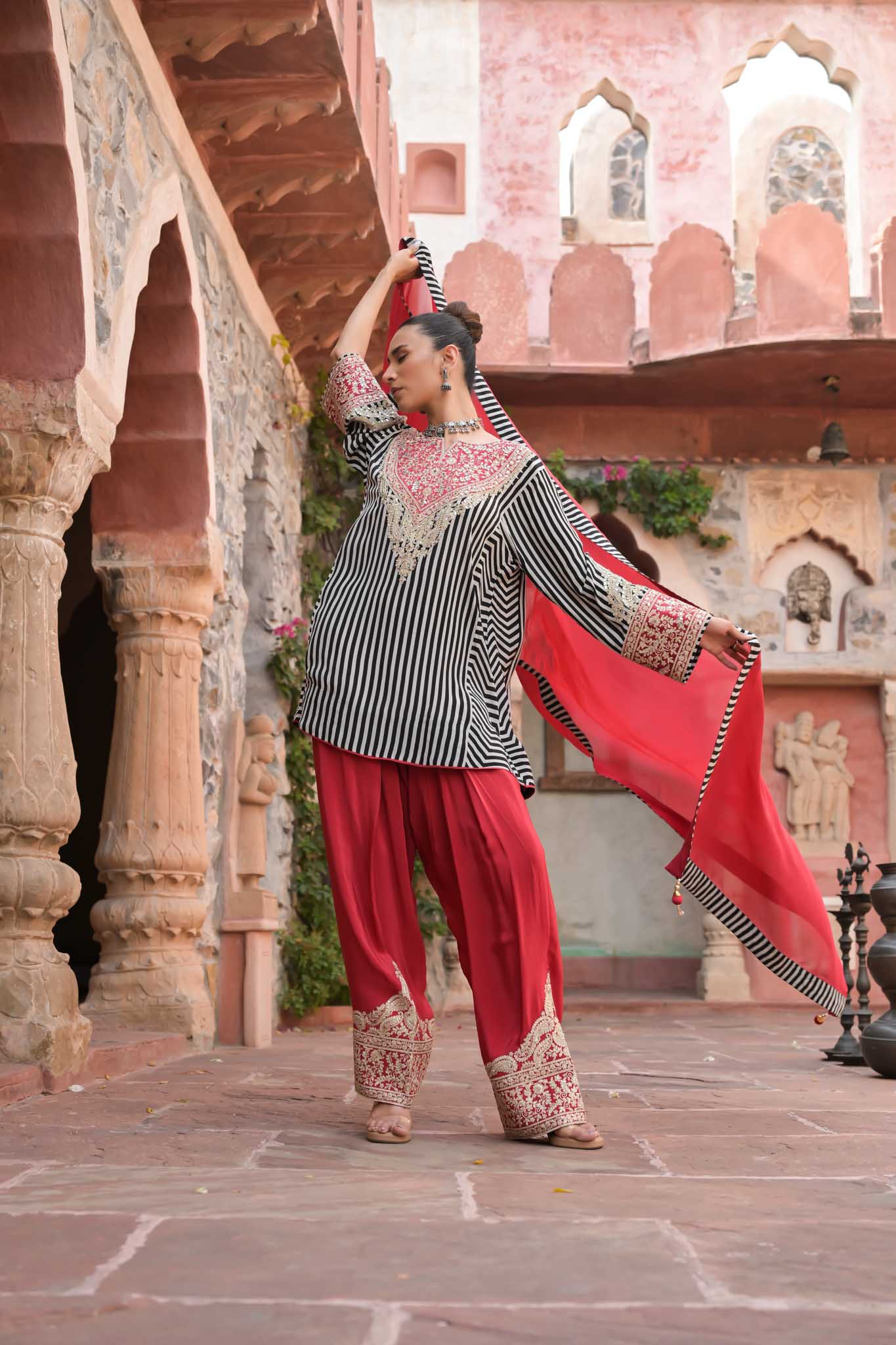 Meher | Black & White Striped Kurta with Red Embroidered Palazzo & Dupatta Set