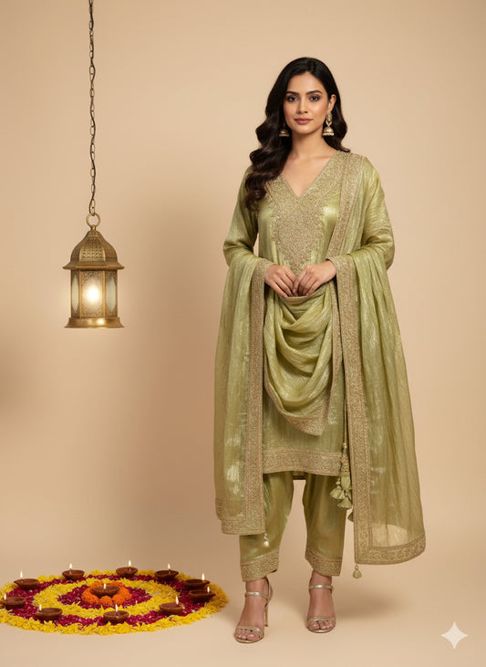 Umrao | Elegant Pastel Green Embroidered Silk Suit Set with Dupatta