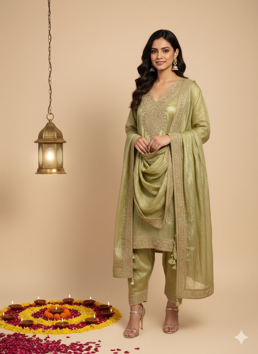 Umrao | Elegant Pastel Green Embroidered Silk Suit Set with Dupatta