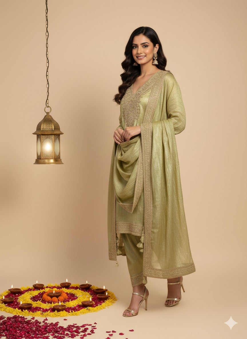 Umrao | Elegant Pastel Green Embroidered Silk Suit Set with Dupatta