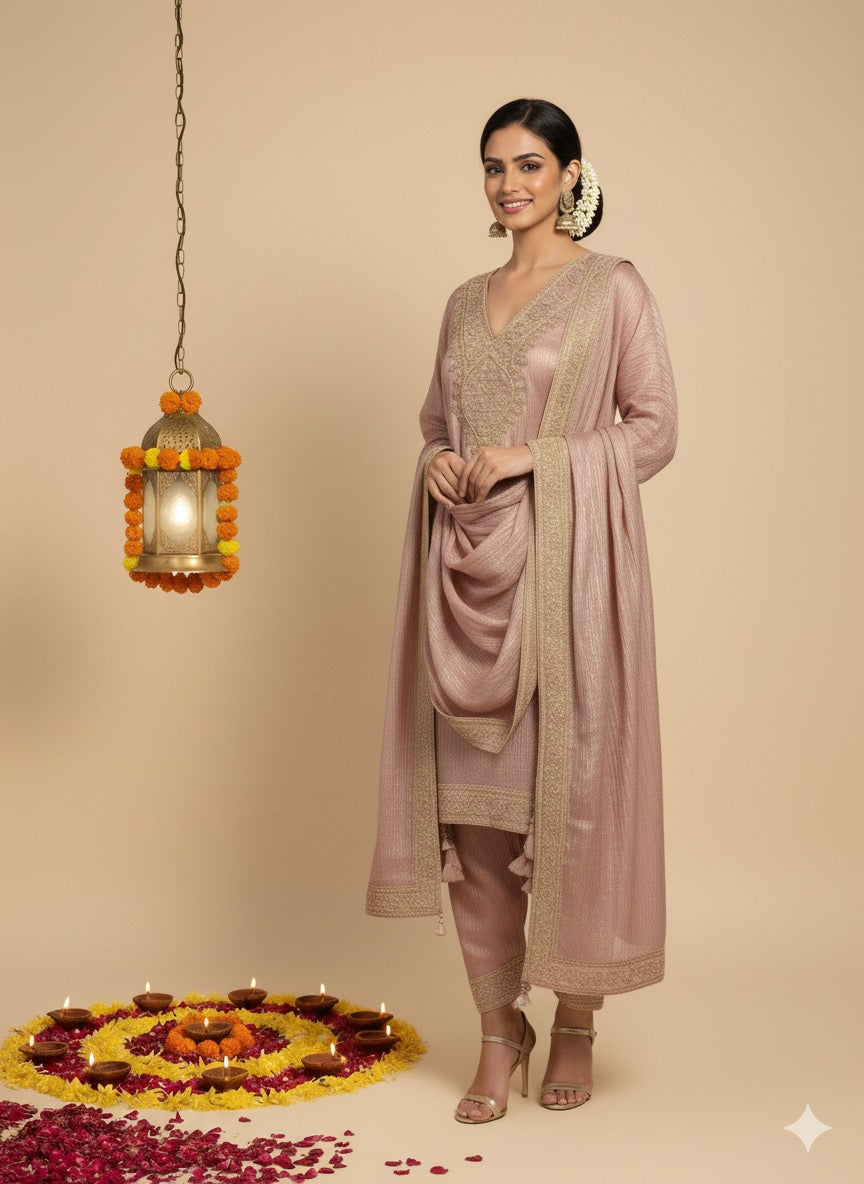 Shafah | Dusty Rose Pink Embroidered Silk Farzi Suit Set with Dupatta