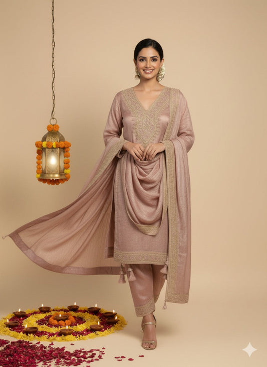 Shafah | Dusty Rose Pink Embroidered Silk Farzi Suit Set with Dupatta