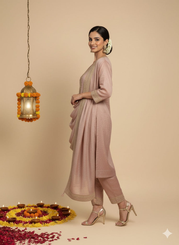Shafah | Dusty Rose Pink Embroidered Silk Farzi Suit Set with Dupatta