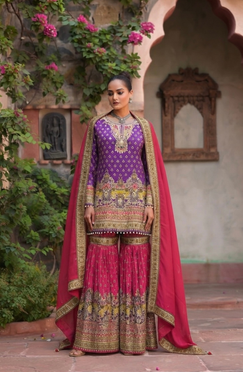 GULBAGH | Luxe Embroidered Crepe Sharara Set