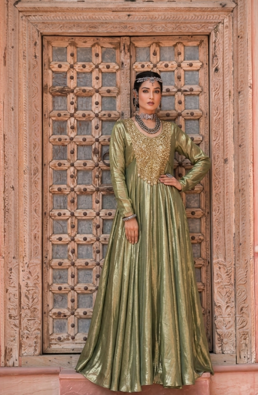 Jannat | Olive green with gold Anarkali long Gown