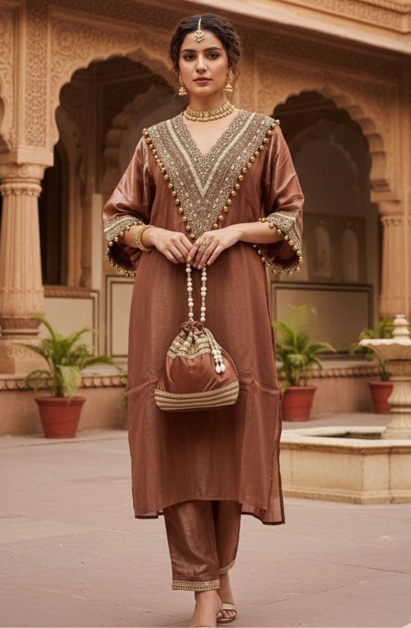 Mocha pe Moka | Brown Coord Set with Handcrafted Potli