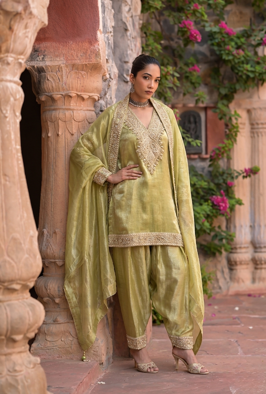 Umrao | Elegant Pastel Green Embroidered Silk Suit Set with Dupatta
