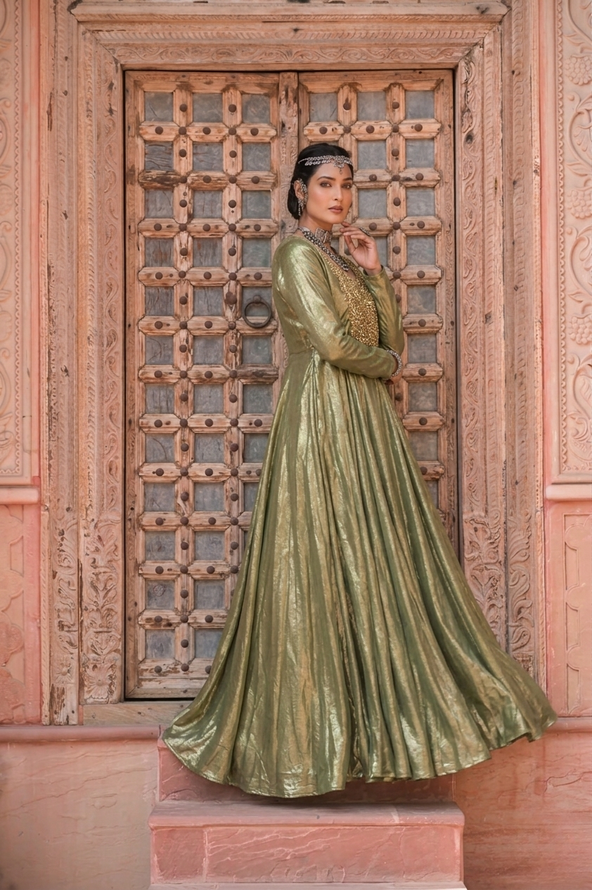 Jannat | Olive green with gold Anarkali long Gown