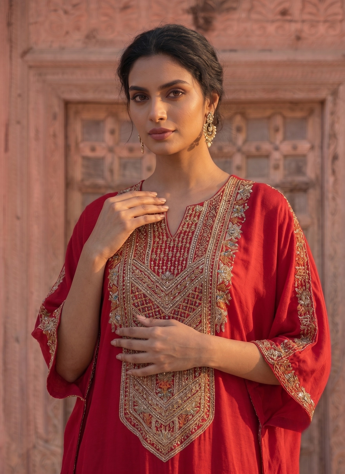 Ruby | Red Embroidered Kaftan Set with Palazzo Pants