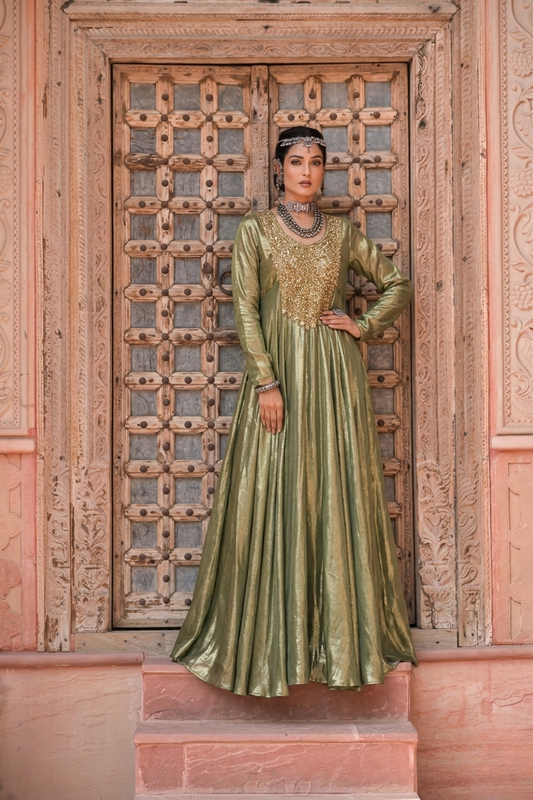 Jannat | Olive green with gold Anarkali long Gown