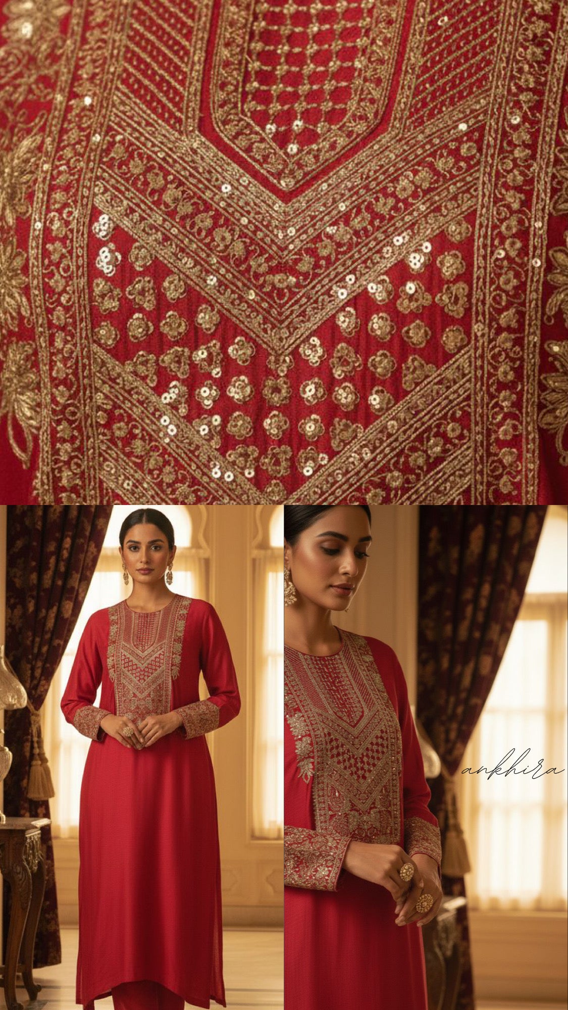 Ruby | Red Embroidered Kaftan Set with Palazzo Pants