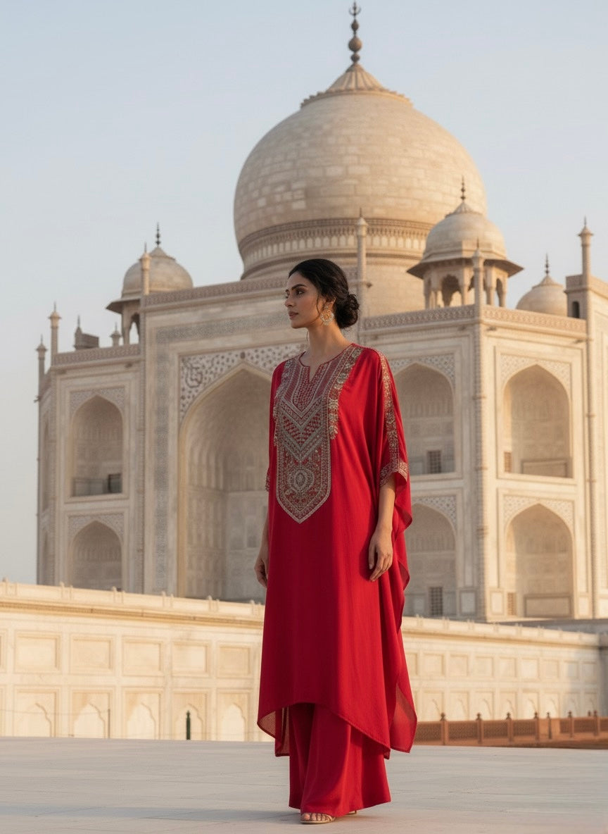 Ruby | Red Embroidered Kaftan Set with Palazzo Pants