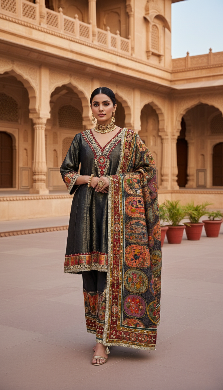 Savage Maharani | Luxury Festive Suit Set with Heritage-Inspired Embroidery & Dupatta