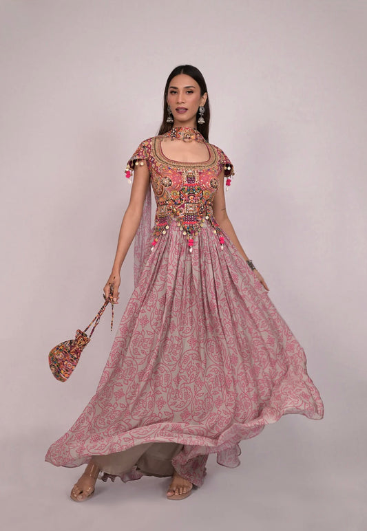 Rose Hand-Embroidered blouse lehenga with Choker dupatta with Potli Bag