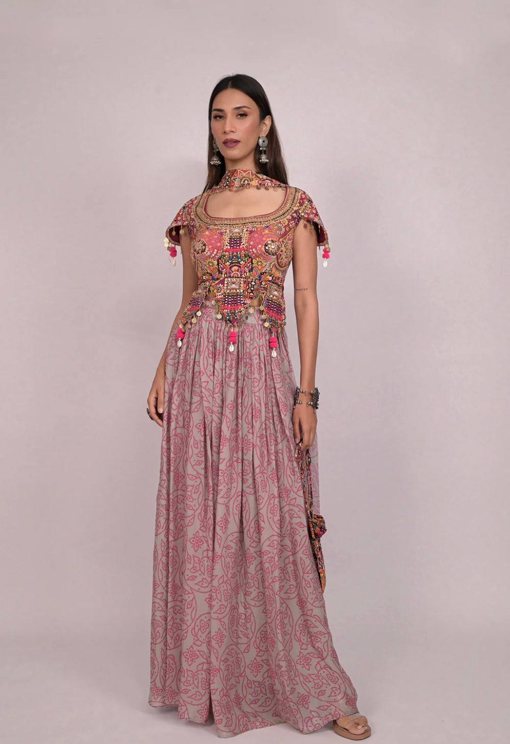 Rose Hand-Embroidered blouse lehenga with Choker dupatta with Potli Bag