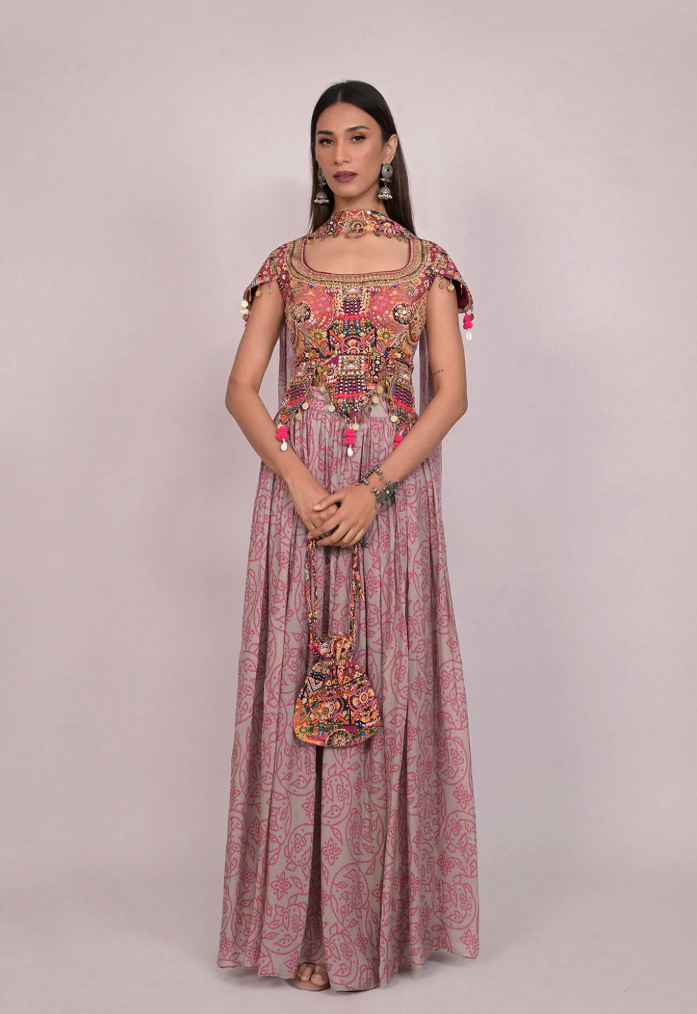 Rose Hand-Embroidered blouse lehenga with Choker dupatta with Potli Bag