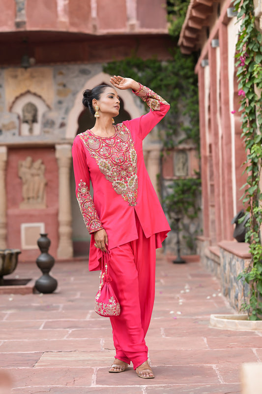 Rukhzar | Bright Pink Embroidered Kurta with Dhoti Pants