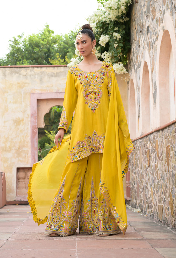 Yellow Begum | Embroidered Mustard Palazzo Set with Dupatta