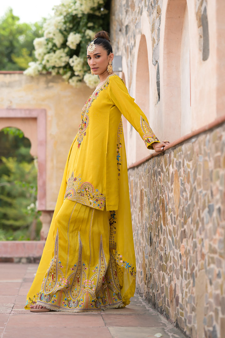 Yellow Begum | Embroidered Mustard Palazzo Set with Dupatta