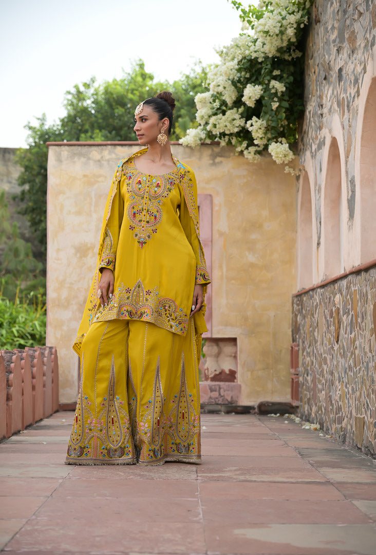 Yellow Begum | Embroidered Mustard Palazzo Set with Dupatta