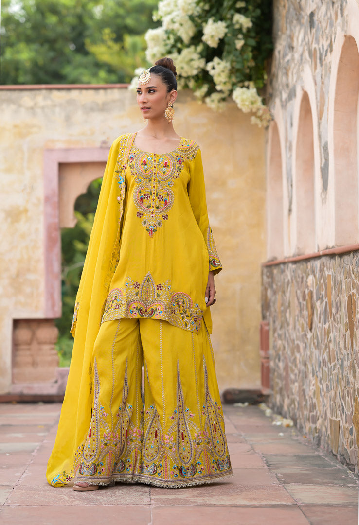 Yellow Begum | Embroidered Mustard Palazzo Set with Dupatta