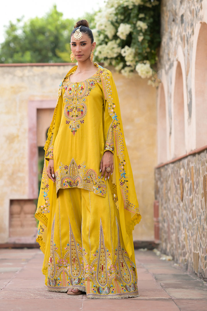 Yellow Begum | Embroidered Mustard Palazzo Set with Dupatta