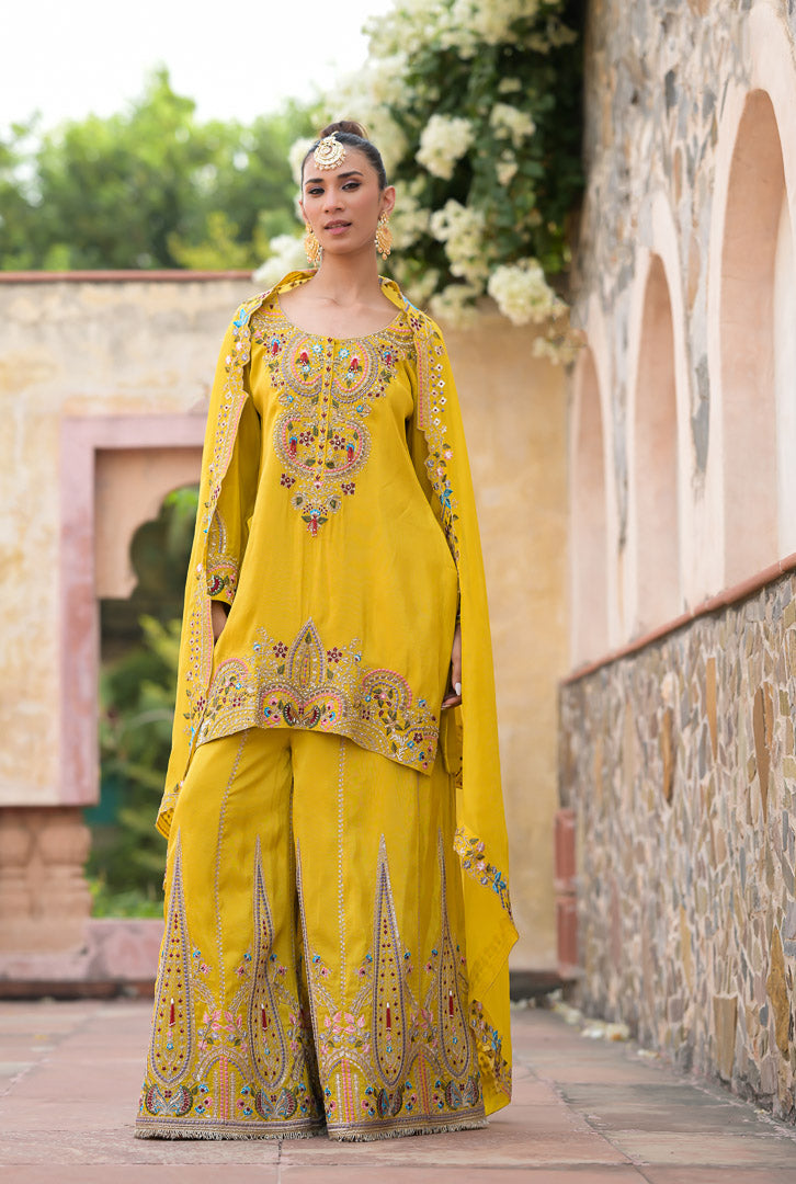Yellow Begum | Embroidered Mustard Palazzo Set with Dupatta