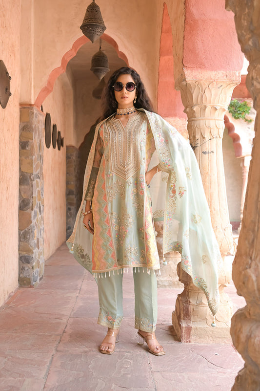 Heer | Pastel Green Embroidered Kurta Set with Straight Pants & Dupatta