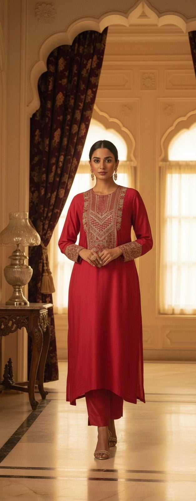 Ruby | Red Embroidered Kaftan Set with Palazzo Pants