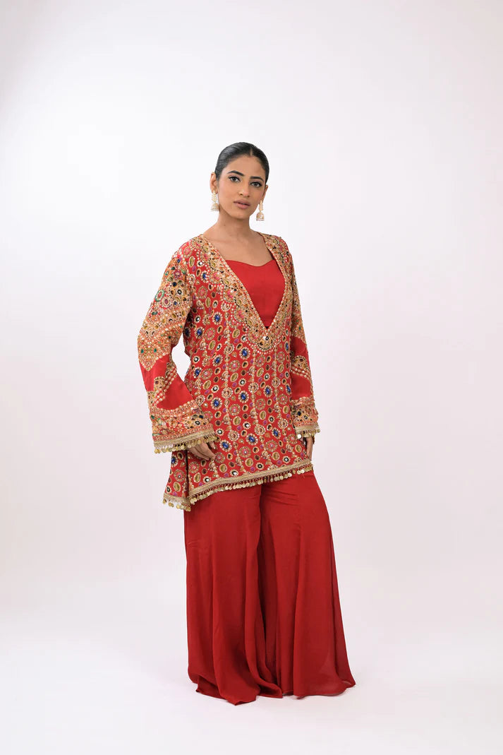 Zubair | Red Sharara Coord Set