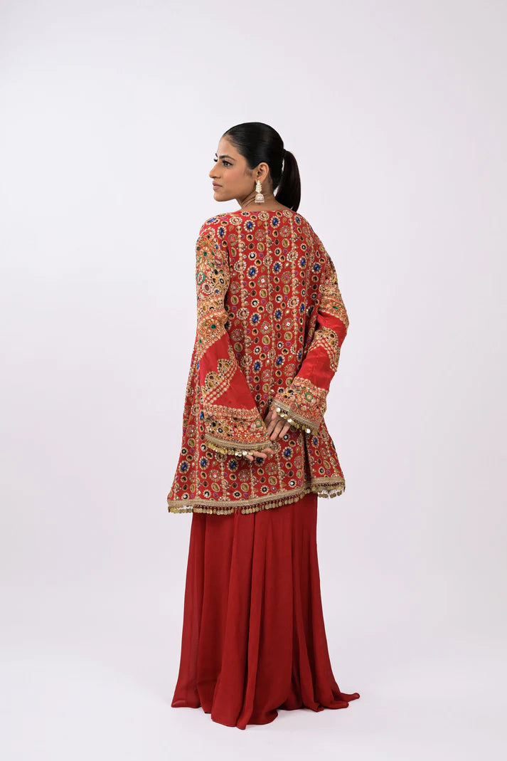 Zubair | Red Sharara Coord Set
