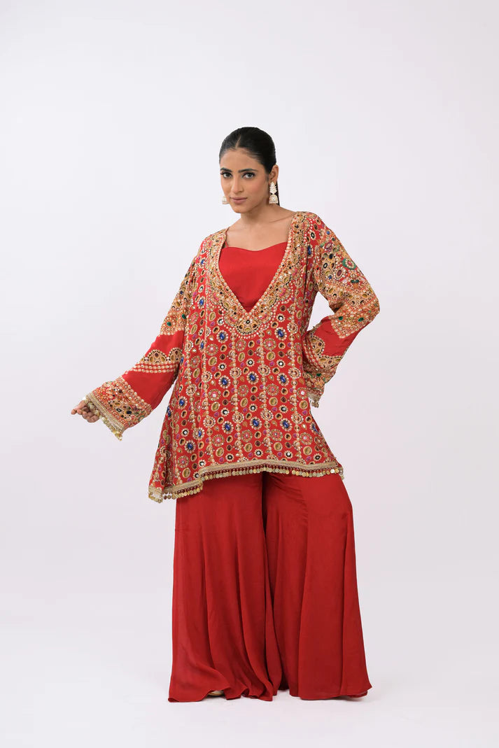 Zubair | Red Sharara Coord Set