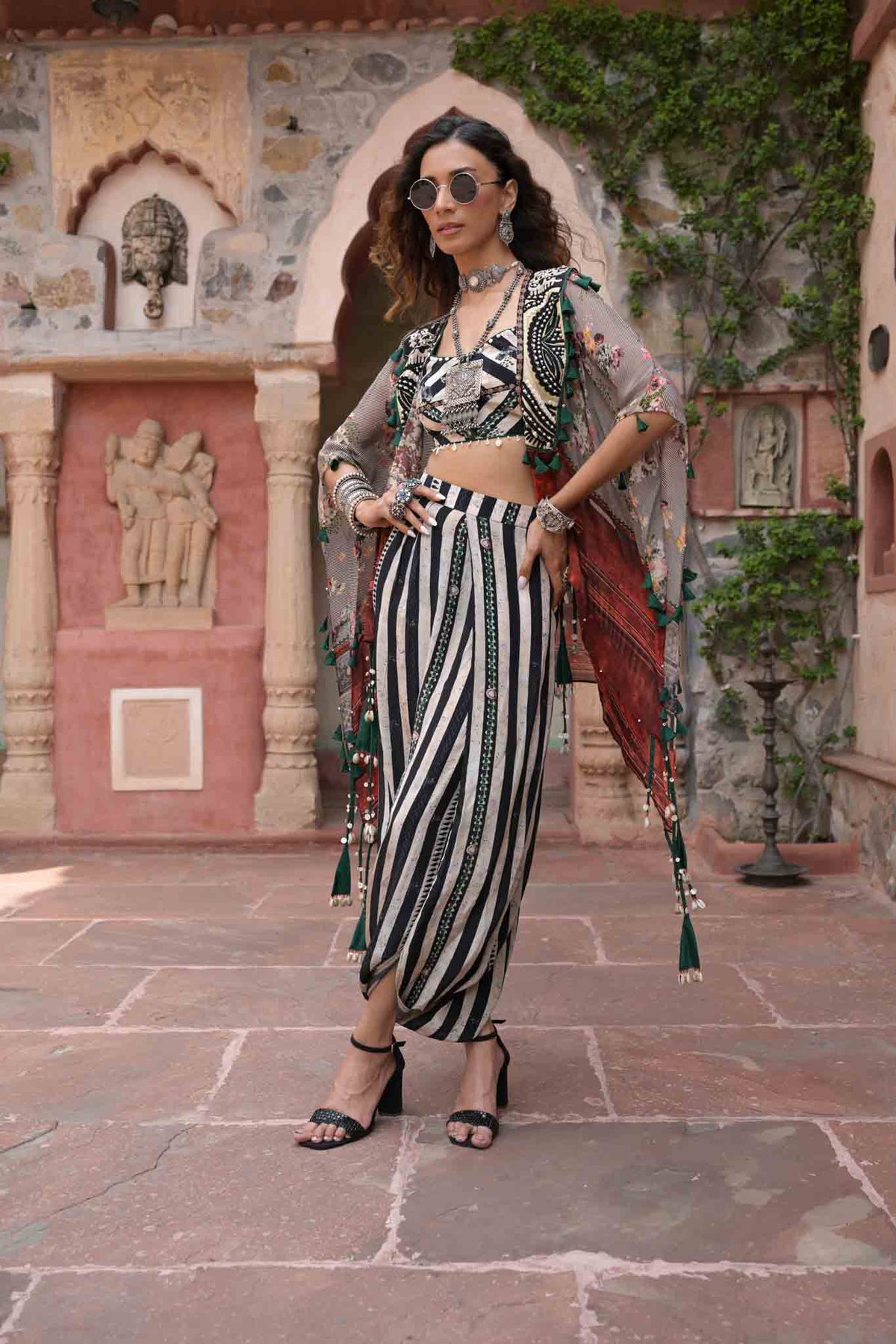 Stree | Bohemian Crop Top with Doodi Pants in Black & White stripes