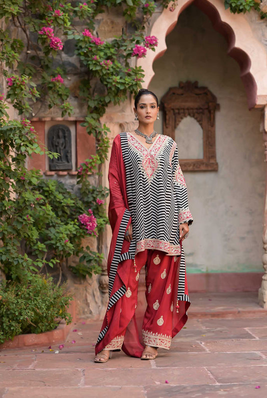 Adah | Ankhira Stripes Kurta with Red Embroidered Palazzo & Dupatta Set