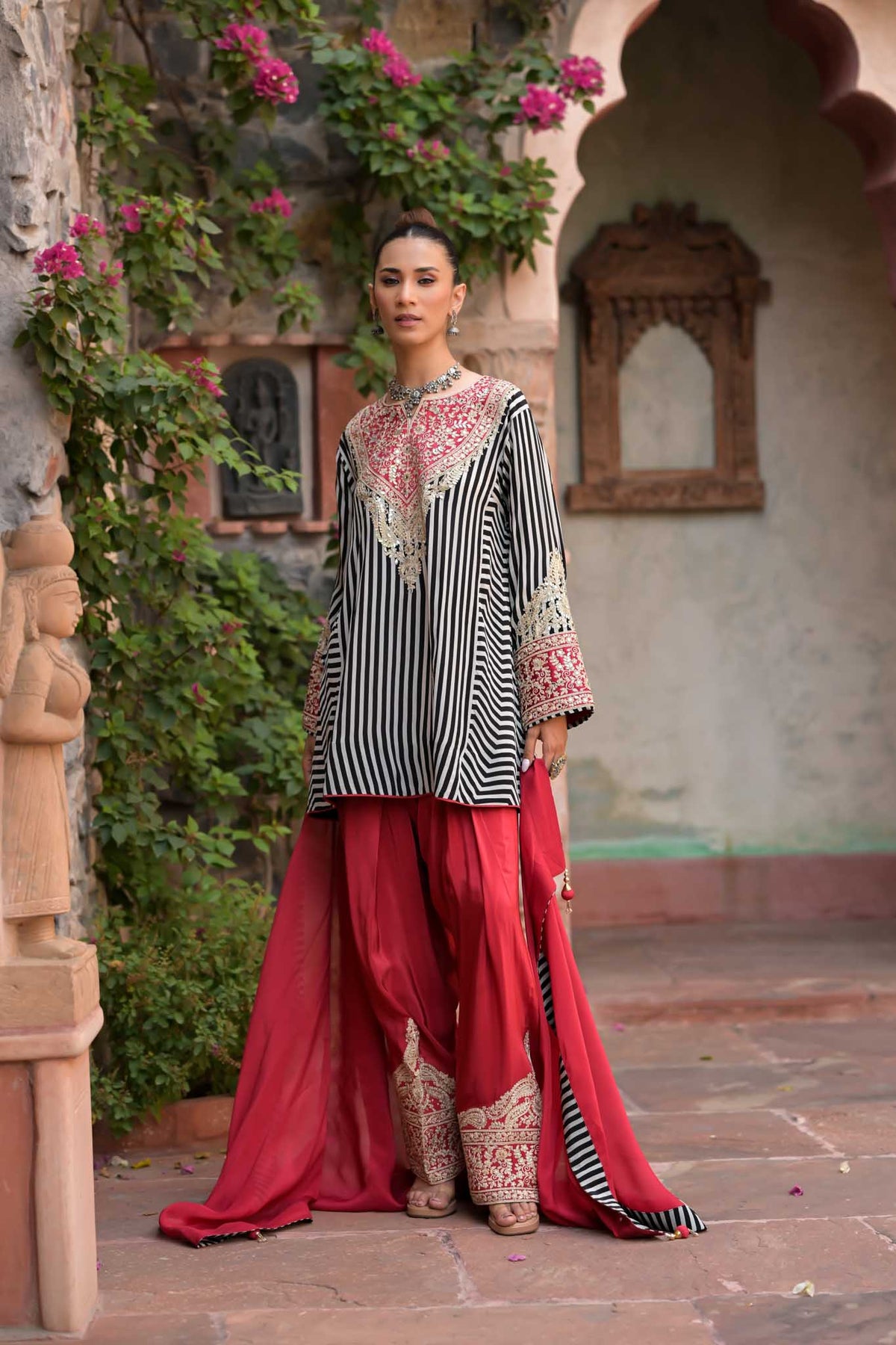 Meher | Black & White Striped Kurta with Red Embroidered Palazzo & Dupatta Set