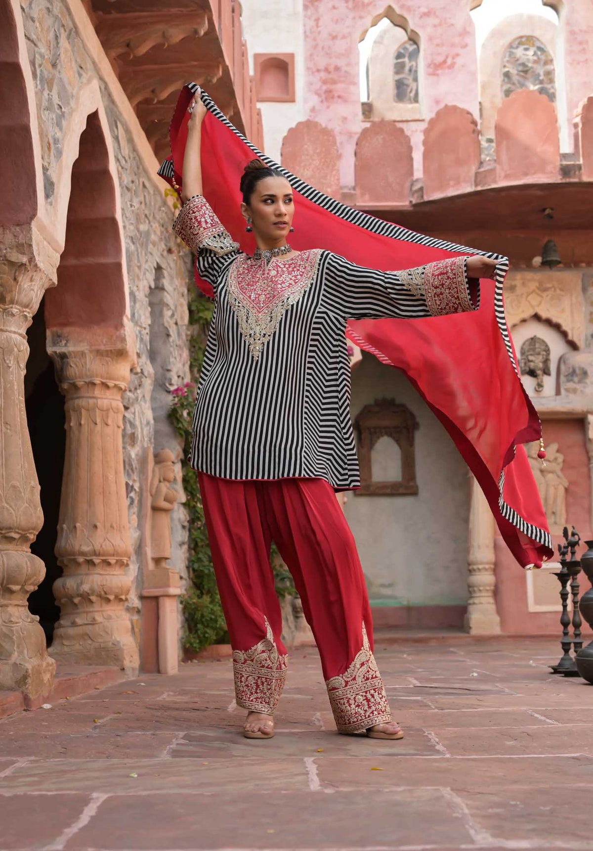 Meher | Black & White Striped Kurta with Red Embroidered Palazzo & Dupatta Set