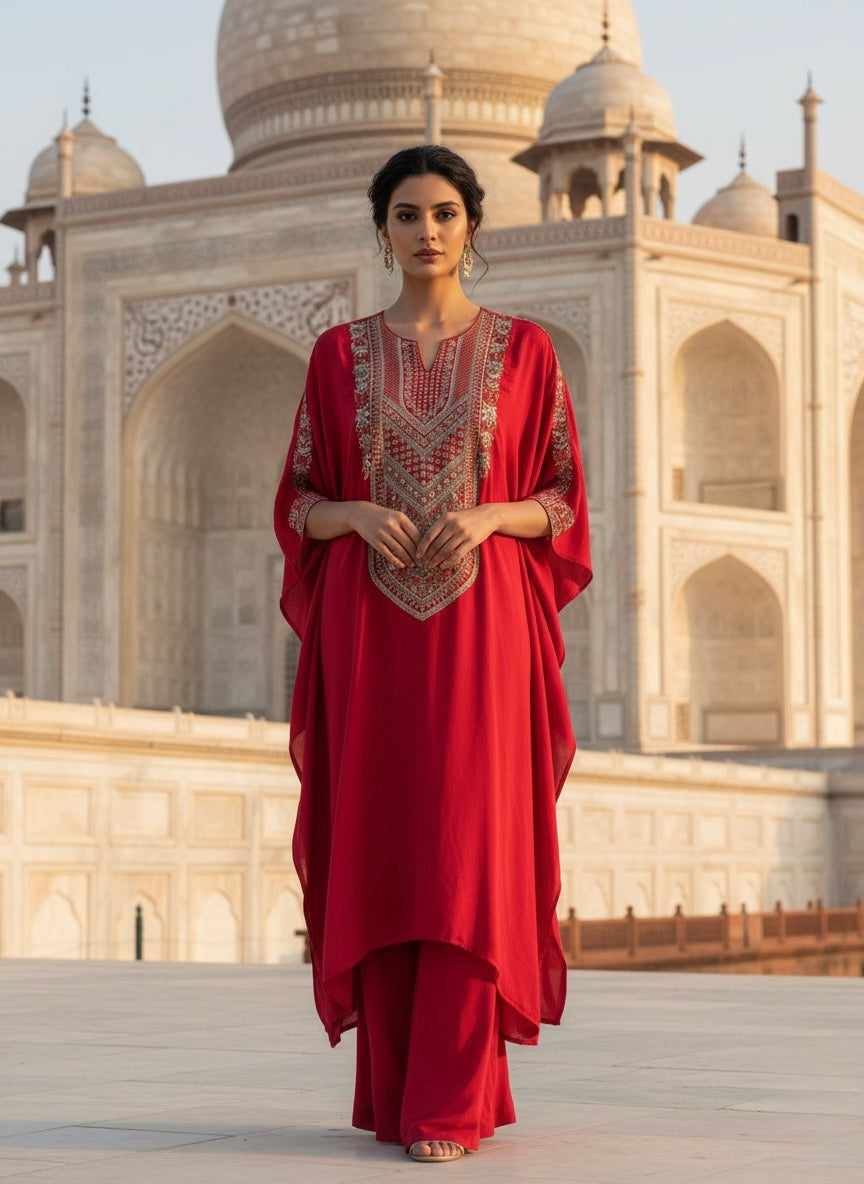 Ruby | Red Embroidered Kaftan Set with Palazzo Pants