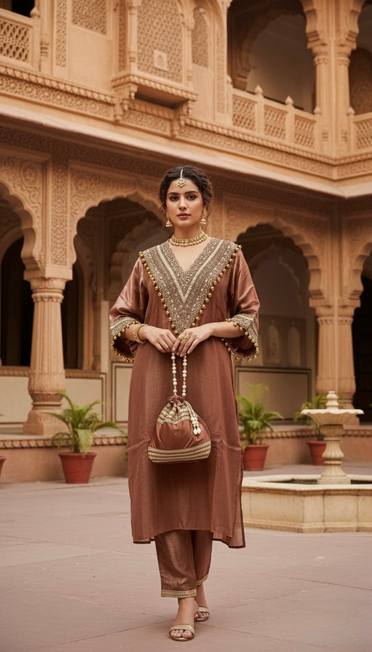 Mocha pe Moka | Brown Coord Set with Handcrafted Potli
