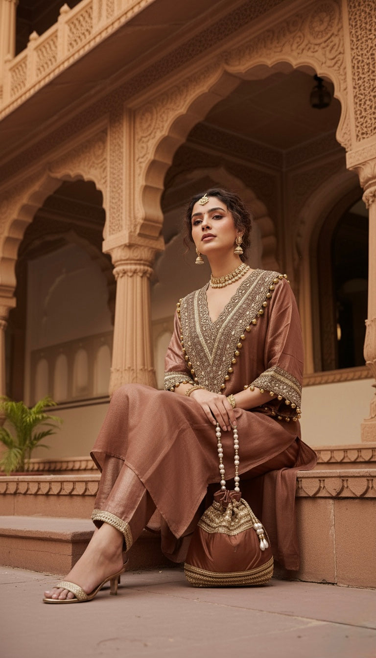 Mocha pe Moka | Brown Coord Set with Handcrafted Potli