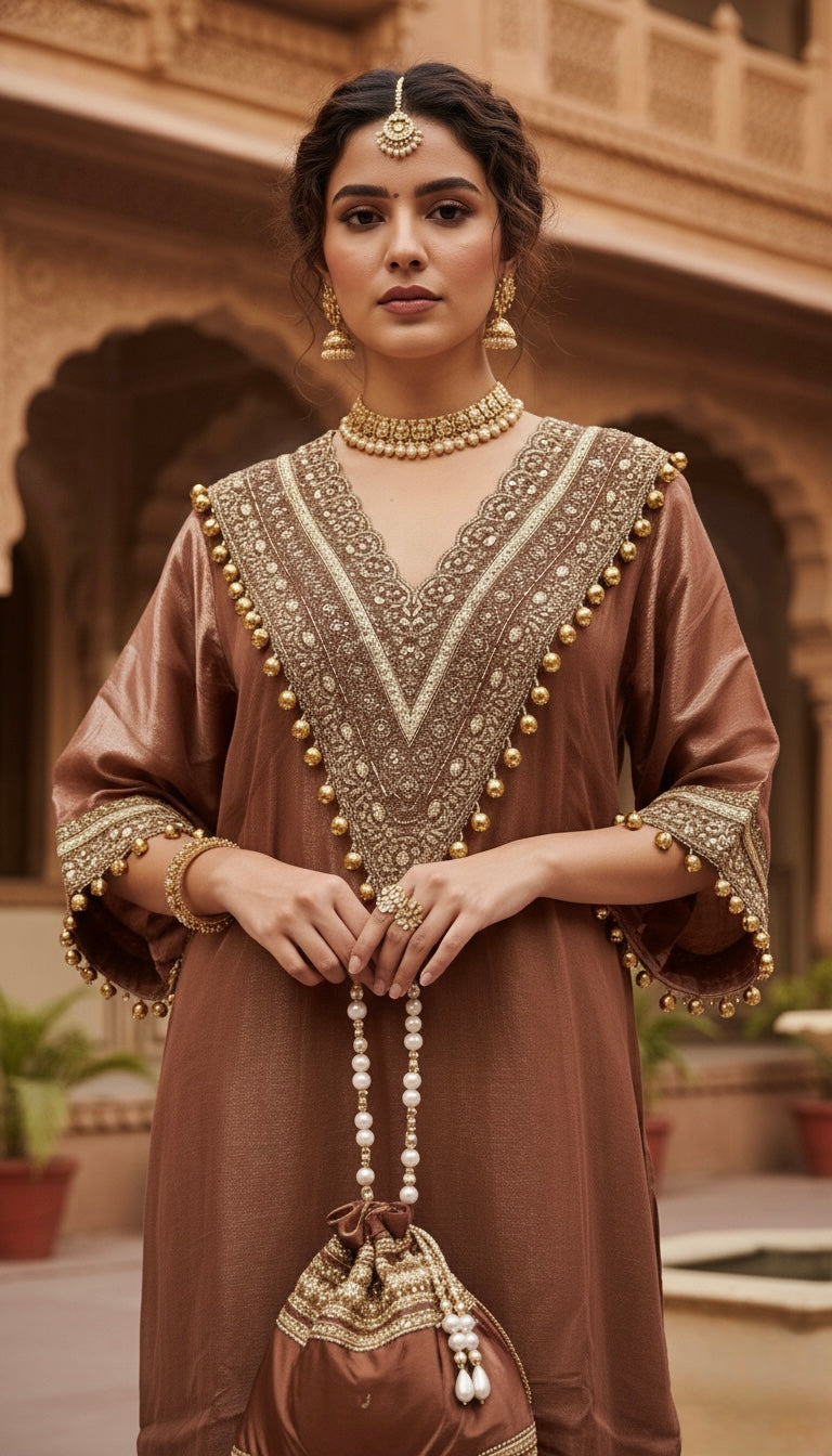Mocha pe Moka | Brown Coord Set with Handcrafted Potli