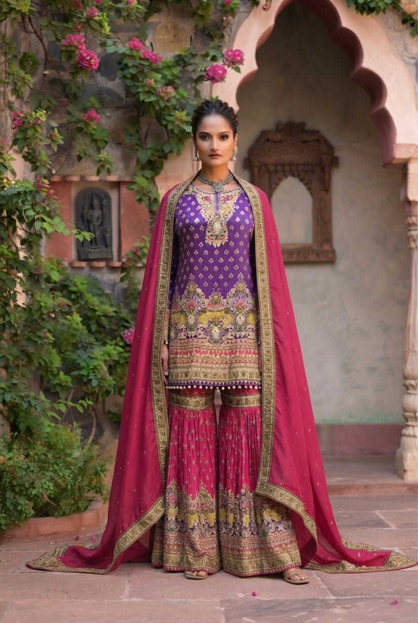 GULBAGH | Luxe Embroidered Crepe Sharara Set