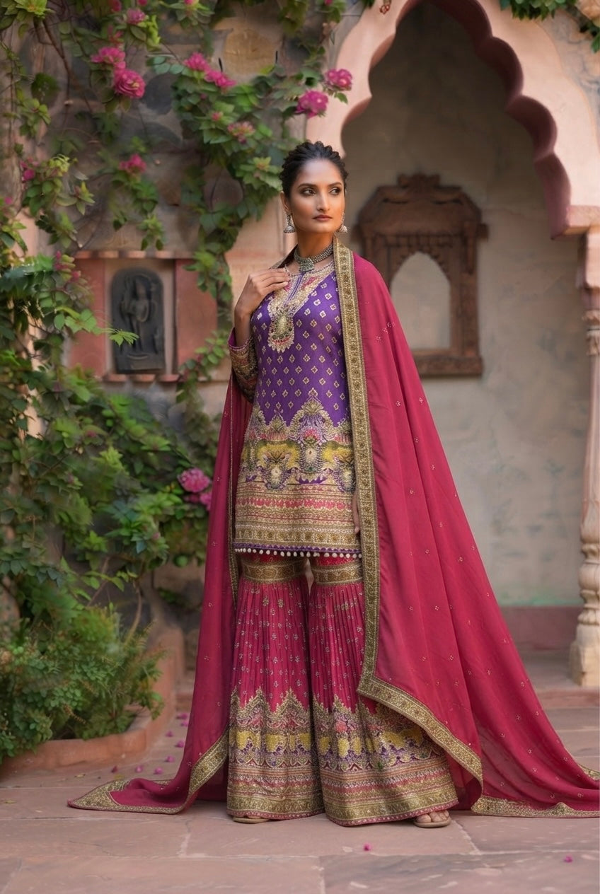GULBAGH | Luxe Embroidered Crepe Sharara Set