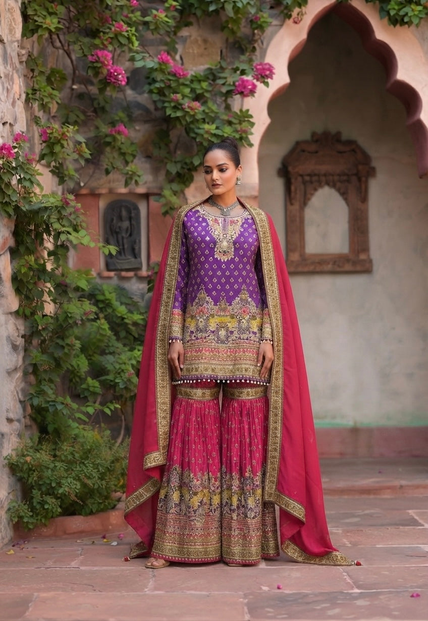 GULBAGH | Luxe Embroidered Crepe Sharara Set