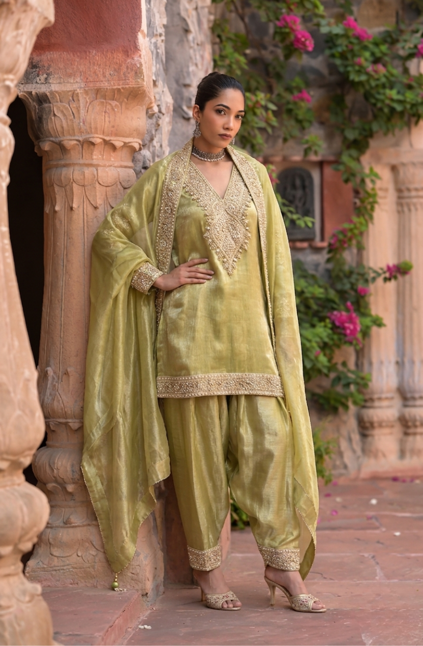 Umrao | Elegant Pastel Green Embroidered Silk Suit Set with Dupatta
