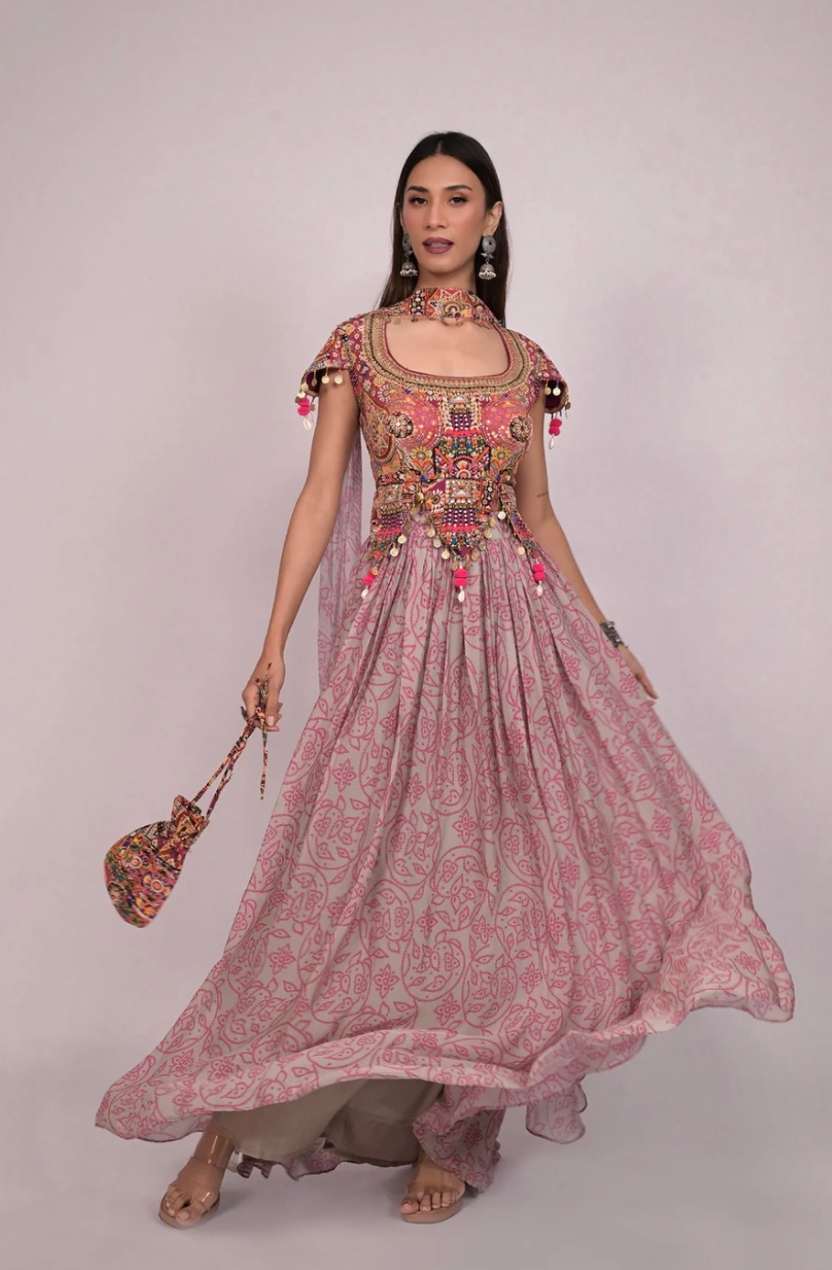 Rose Hand-Embroidered blouse lehenga with Choker dupatta with Potli Bag